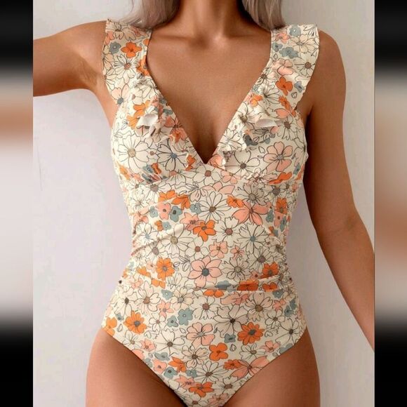 💲1️⃣0️⃣ Bundled ✔️ BCream Ruffled One Piece Floral Swimsuit Plunge sz Large - Picture 4 of 7